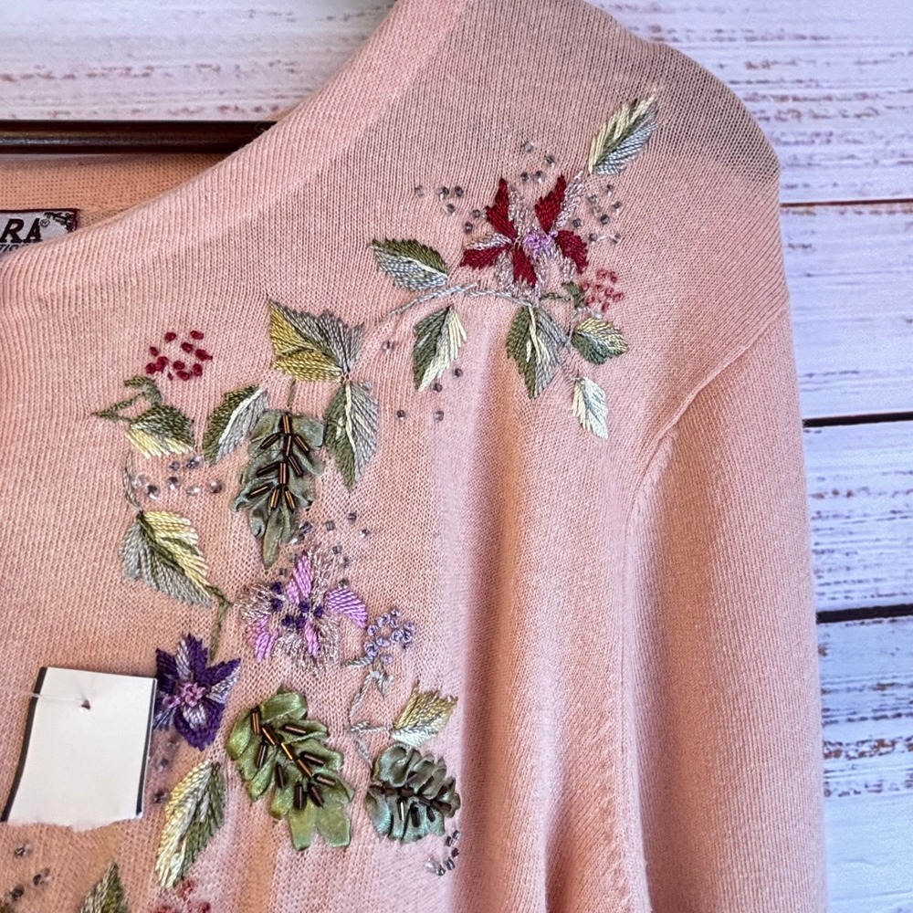 Vintage Embroidered Beaded Cardigan L Peach Ramie/Rayon 3D Ribbon Floral Whimsy - Picture 9 of 16